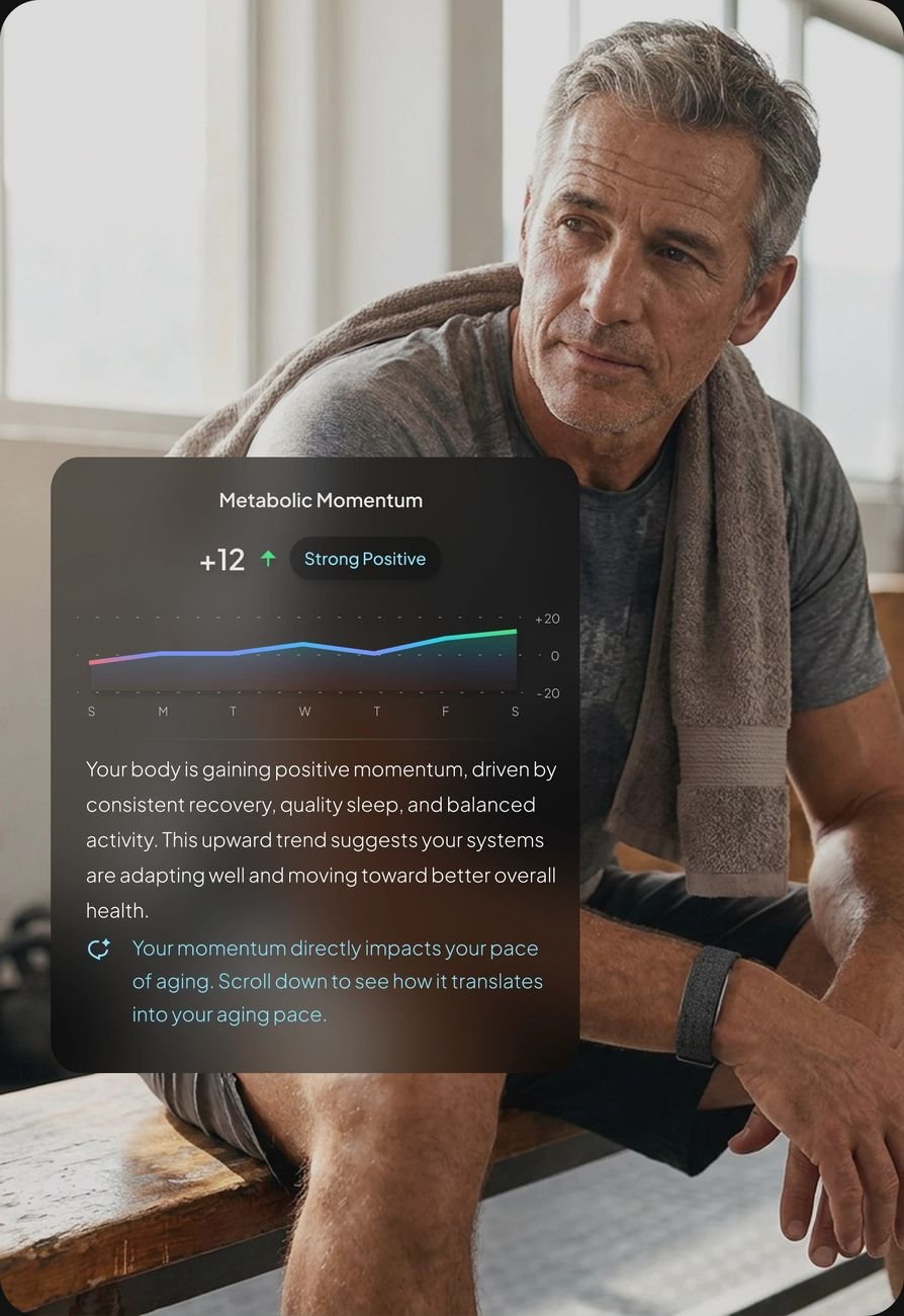 Hume Watch longevity dashboard showing metabolic momentum trending upward