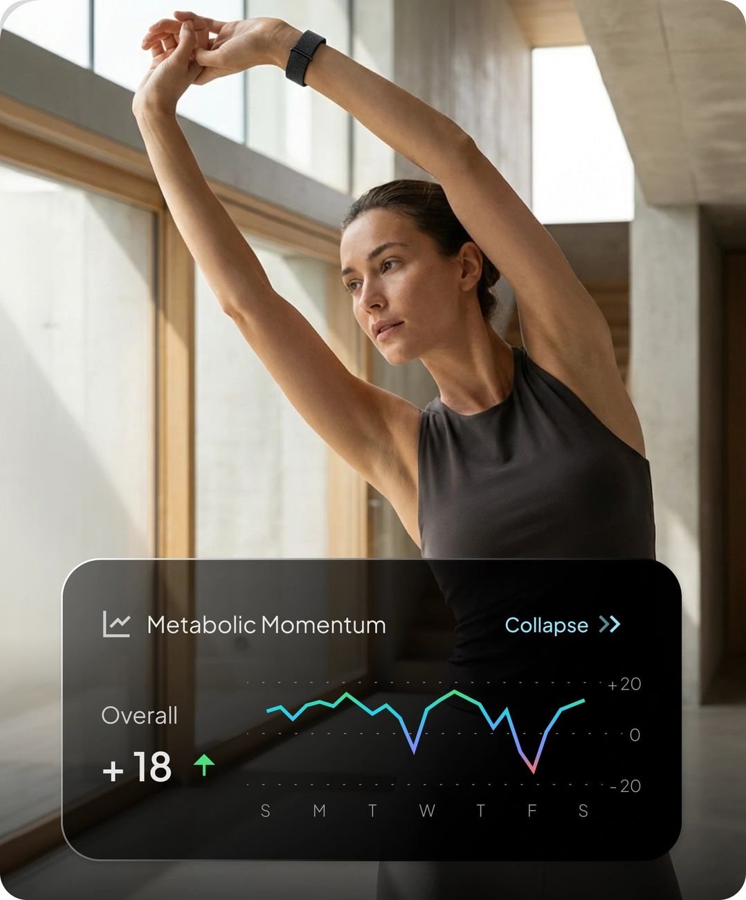 Woman stretching while wearing the Hume Watch — Metabolic Momentum graph on screen