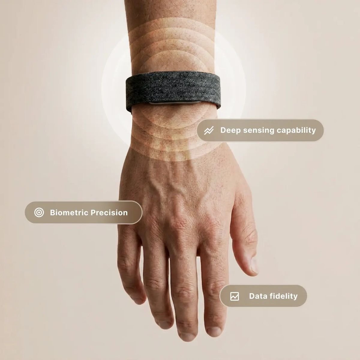 Close-up of the Hume Watch on the wrist highlighting biometric precision and sensing accuracy