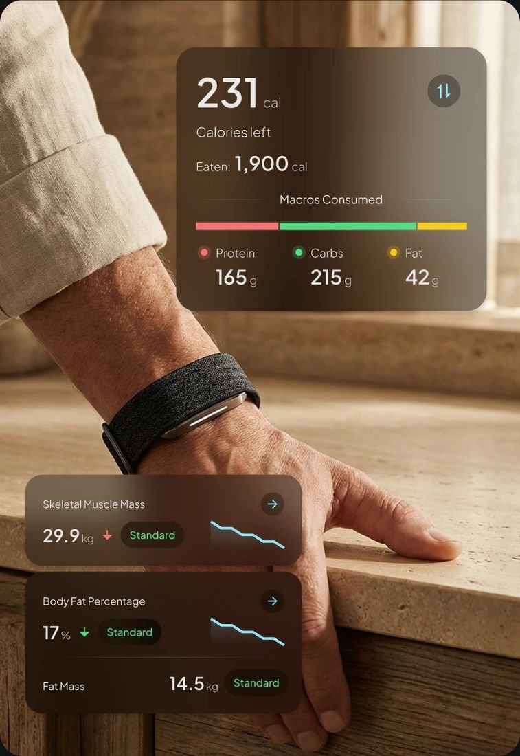 Hume Watch on the wrist with the companion app open, showing nutrition data