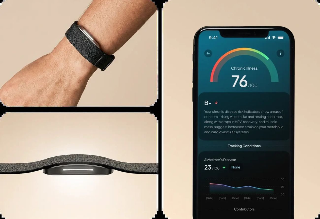 Hume Watch on the wrist next to a phone showing a chronic illness risk score in the app