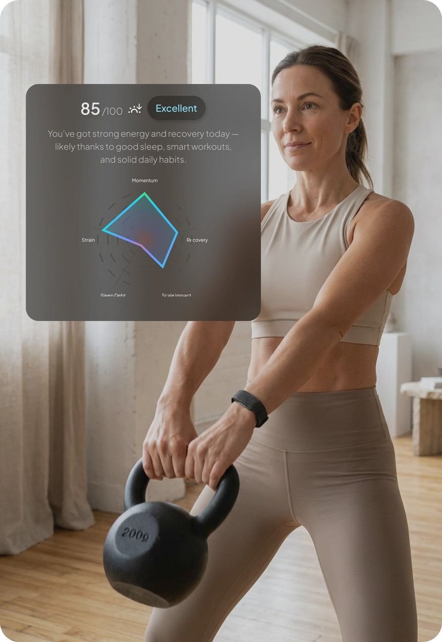 Woman exercising with a kettlebell while wearing the Hume Watch — Metabolic Capacity reading in app